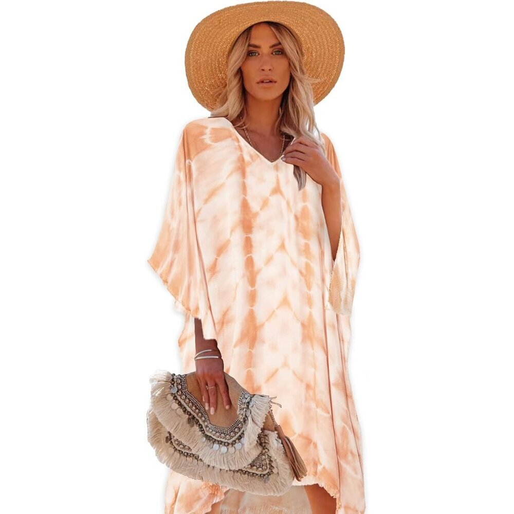 Women's Orange 100% Viscose Kaftan for Bathing Swimsuit Cover up Beach Dress